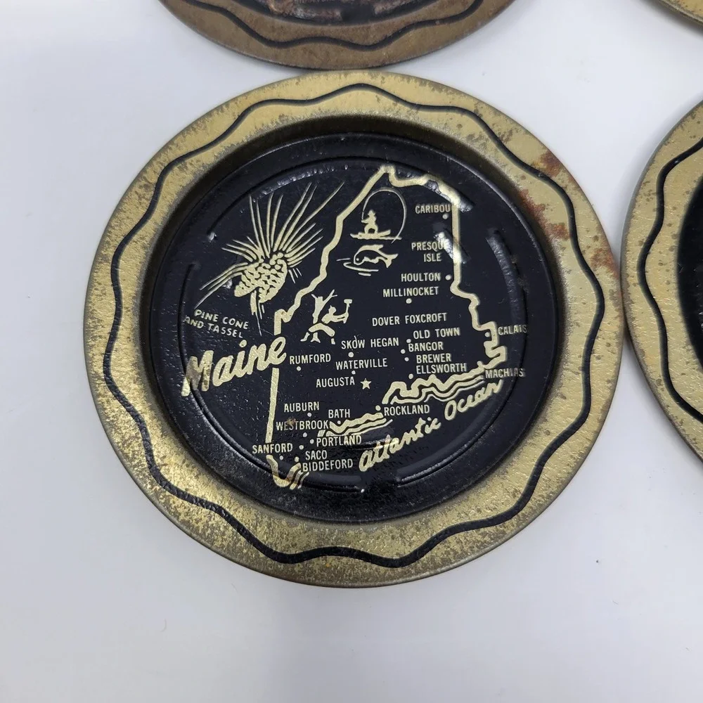 Vintage Maine State Map Metal Coasters Set of‎ 4 Black Gold Souvenir Tin Ashtray